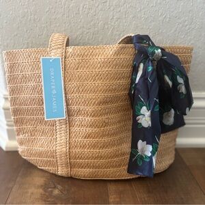 Draper James Everyday Straw Tote Navy Blue White Magnolia Floral Bow Scarf NWT